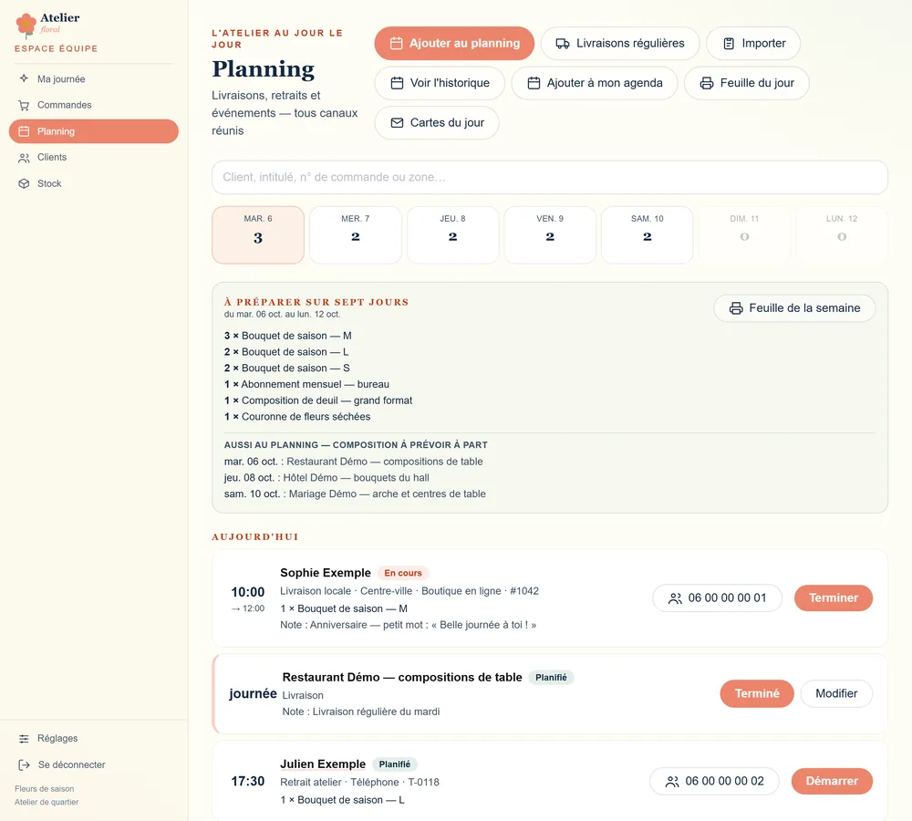 Écran Planning de l'application d'une fleuriste : la semaine en un coup d'œil, les articles à préparer sur sept jours, les livraisons et les retraits du jour. Données fictives.